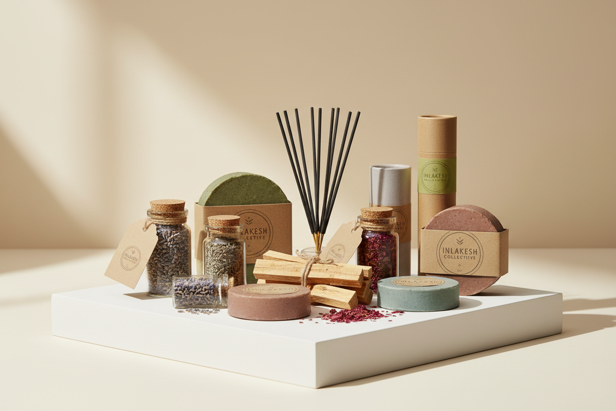 vertical 9:16 oriented, biodegradable products with inlakesh collective branding, insence, herbs on a slick background